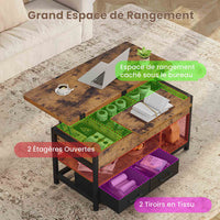 Table Basse Relevable 3 en 1 avec 2 Tiroirs Étagère de Rangement et Compartiment Caché Marron - FR.SIKAIC
