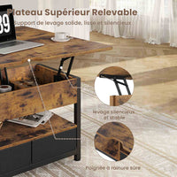 Table Basse Relevable 3 en 1 avec 2 Tiroirs Étagère de Rangement et Compartiment Caché Marron - FR.SIKAIC