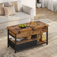 Table Basse Relevable 3 en 1 avec 2 Tiroirs Étagère de Rangement et Compartiment Caché Marron - FR.SIKAIC