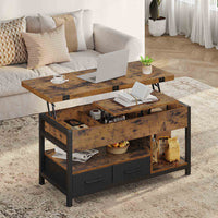 Table Basse Relevable 3 en 1 avec 2 Tiroirs Étagère de Rangement et Compartiment Caché Marron - FR.SIKAIC