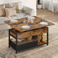 Table Basse Relevable 3 en 1 avec 2 Tiroirs Étagère de Rangement et Compartiment Caché Marron - FR.SIKAIC