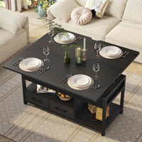 Table Basse Relevable 3 en 1 avec 2 Tiroirs Étagère de Rangement et Compartiment Caché Noir - FR.SIKAIC