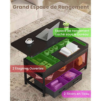 Table Basse Relevable 3 en 1 avec 2 Tiroirs Étagère de Rangement et Compartiment Caché Noir - FR.SIKAIC