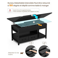 Table Basse Relevable 3 en 1 avec 2 Tiroirs Étagère de Rangement et Compartiment Caché Noir - FR.SIKAIC