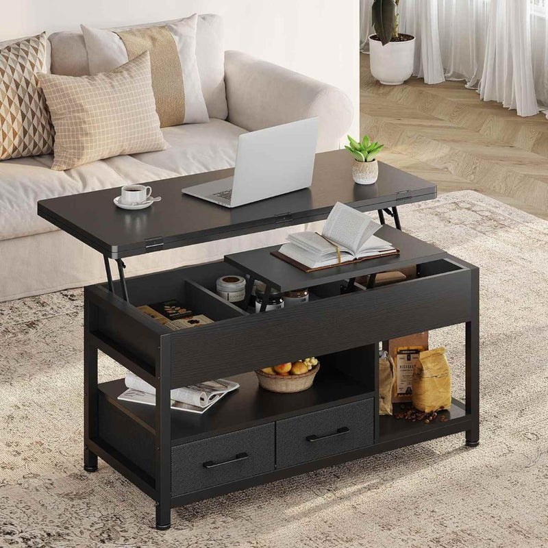 FR.SIKAIC Table basse Noir / Moderne Table Basse Relevable 3 en 1 avec 2 Tiroirs Étagère de Rangement et Compartiment Caché Noir