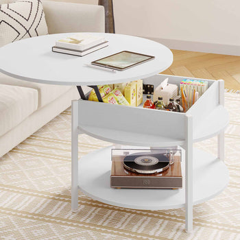 Table Basse Relevable avec Compartiment Caché et Étagère de Rangement pour Salon Bureau Balcon Blanc - FR.SIKAIC