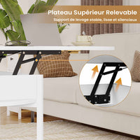 Table Basse Relevable avec Compartiment Caché et Étagère de Rangement pour Salon Bureau Balcon Blanc - FR.SIKAIC