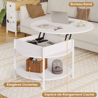 Table Basse Relevable avec Compartiment Caché et Étagère de Rangement pour Salon Bureau Balcon Blanc - FR.SIKAIC