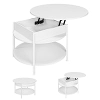 Table Basse Relevable avec Compartiment Caché et Étagère de Rangement pour Salon Bureau Balcon Blanc - FR.SIKAIC