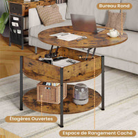 Table Basse Relevable avec Compartiment Caché et Étagère de Rangement pour Salon Bureau Balcon Marron - FR.SIKAIC