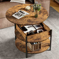 Table Basse Relevable avec Compartiment Caché et Étagère de Rangement pour Salon Bureau Balcon Marron - FR.SIKAIC