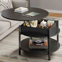 Table Basse Relevable avec Compartiment Caché et Étagère de Rangement pour Salon Bureau Balcon Noir - FR.SIKAIC