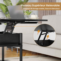 Table Basse Relevable avec Compartiment Caché et Étagère de Rangement pour Salon Bureau Balcon Noir - FR.SIKAIC