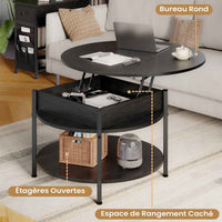 Table Basse Relevable avec Compartiment Caché et Étagère de Rangement pour Salon Bureau Balcon Noir - FR.SIKAIC