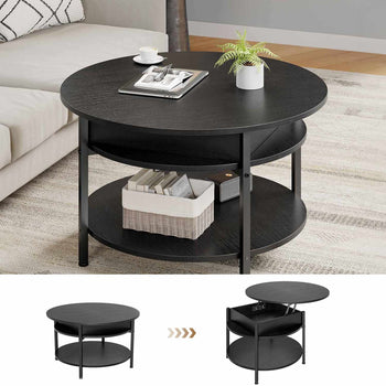 Table Basse Relevable avec Compartiment Caché et Étagère de Rangement pour Salon Bureau Balcon Noir - FR.SIKAIC