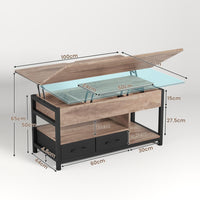 FR.SIKAIC Table basse Camel Brown / Bois d'ingénierie / Industriel Table basse relevable avec plateau pliant et 2 tiroirs Camel Brown