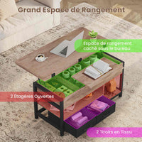 FR.SIKAIC Table basse Camel Brown / Bois d'ingénierie / Industriel Table basse relevable avec plateau pliant et 2 tiroirs Camel Brown