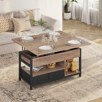 FR.SIKAIC Table basse Camel Brown / Bois d'ingénierie / Industriel Table basse relevable avec plateau pliant et 2 tiroirs Camel Brown