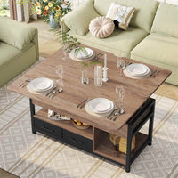 FR.SIKAIC Table basse Camel Brown / Bois d'ingénierie / Industriel Table basse relevable avec plateau pliant et 2 tiroirs Camel Brown