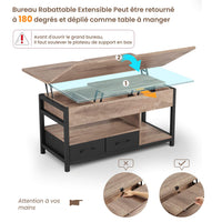 FR.SIKAIC Table basse Camel Brown / Bois d'ingénierie / Industriel Table basse relevable avec plateau pliant et 2 tiroirs Camel Brown