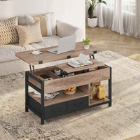 FR.SIKAIC Table basse Camel Brown / Bois d'ingénierie / Industriel Table basse relevable avec plateau pliant et 2 tiroirs Camel Brown