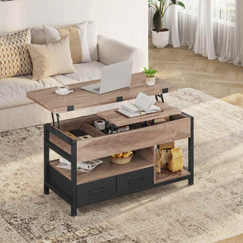 FR.SIKAIC Table basse Camel Brown / Bois d'ingénierie / Industriel Table basse relevable avec plateau pliant et 2 tiroirs Camel Brown