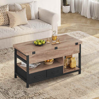 FR.SIKAIC Table basse Camel Brown / Bois d'ingénierie / Industriel Table basse relevable avec plateau pliant et 2 tiroirs Camel Brown
