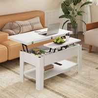 Table Basse Relevable et Pliante Multifonctionnelle 3 en 1 avec Étagère de Rangement Blanc - FR.SIKAIC