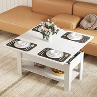 Table Basse Relevable et Pliante Multifonctionnelle 3 en 1 avec Étagère de Rangement Blanc - FR.SIKAIC