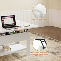 Table Basse Relevable et Pliante Multifonctionnelle 3 en 1 avec Étagère de Rangement Blanc - FR.SIKAIC