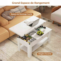 Table Basse Relevable et Pliante Multifonctionnelle 3 en 1 avec Étagère de Rangement Blanc - FR.SIKAIC