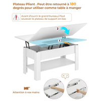 Table Basse Relevable et Pliante Multifonctionnelle 3 en 1 avec Étagère de Rangement Blanc - FR.SIKAIC