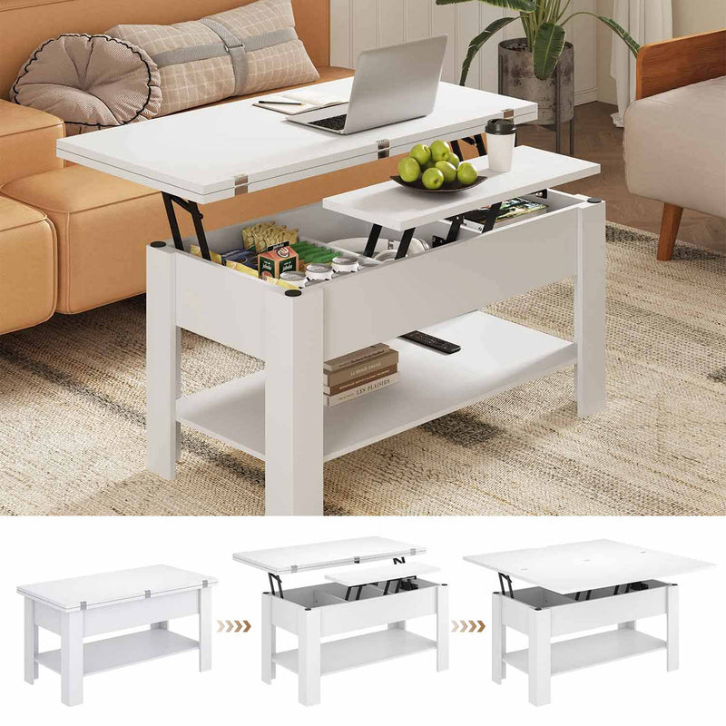 FR.SIKAIC Table basse Blanc / Moderne Table Basse Relevable et Pliante, Multifonctionnelle 3 en 1, avec Étagère de Rangement, Blanc