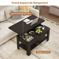 Table Basse Relevable et Pliante Multifonctionnelle 3 en 1 avec Étagère de Rangement ‎Couleur Ébène - FR.SIKAIC