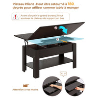 Table Basse Relevable et Pliante Multifonctionnelle 3 en 1 avec Étagère de Rangement ‎Couleur Ébène - FR.SIKAIC