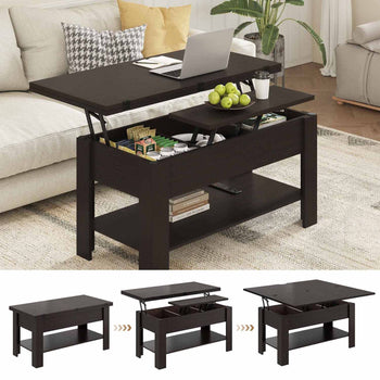 Table Basse Relevable et Pliante Multifonctionnelle 3 en 1 avec Étagère de Rangement ‎Couleur Ébène - FR.SIKAIC