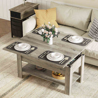 Table Basse Relevable et Pliante Multifonctionnelle 3 en 1 avec Étagère de Rangement Gris - FR.SIKAIC