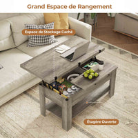 Table Basse Relevable et Pliante Multifonctionnelle 3 en 1 avec Étagère de Rangement Gris - FR.SIKAIC