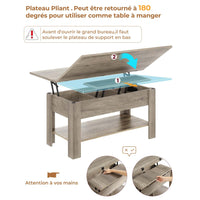 Table Basse Relevable et Pliante Multifonctionnelle 3 en 1 avec Étagère de Rangement Gris - FR.SIKAIC