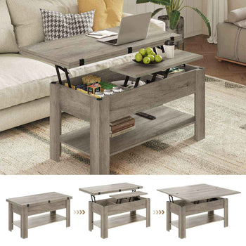 Table Basse Relevable et Pliante Multifonctionnelle 3 en 1 avec Étagère de Rangement Gris - FR.SIKAIC