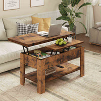 Table Basse Relevable et Pliante Multifonctionnelle 3 en 1 avec Étagère de Rangement Marron - FR.SIKAIC