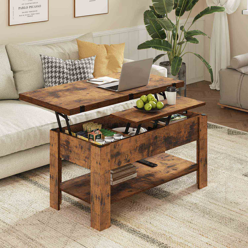 Table Basse Relevable et Pliante Multifonctionnelle 3 en 1 avec Étagère de Rangement Marron - FR.SIKAIC