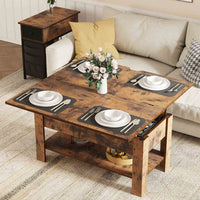 Table Basse Relevable et Pliante Multifonctionnelle 3 en 1 avec Étagère de Rangement Marron - FR.SIKAIC