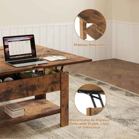 Table Basse Relevable et Pliante Multifonctionnelle 3 en 1 avec Étagère de Rangement Marron - FR.SIKAIC