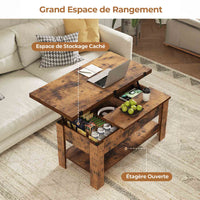 Table Basse Relevable et Pliante Multifonctionnelle 3 en 1 avec Étagère de Rangement Marron - FR.SIKAIC