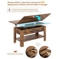 Table Basse Relevable et Pliante Multifonctionnelle 3 en 1 avec Étagère de Rangement Marron - FR.SIKAIC