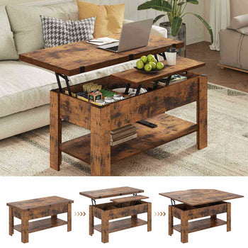 Table Basse Relevable et Pliante Multifonctionnelle 3 en 1 avec Étagère de Rangement Marron - FR.SIKAIC