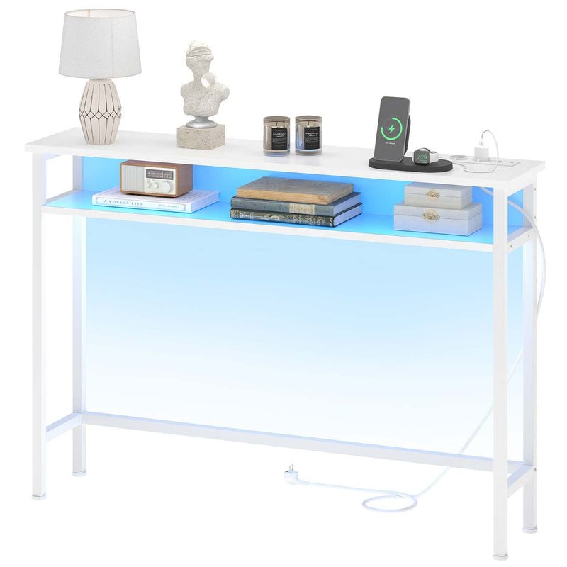 FR.SIKAIC Table console Blanc / Moderne Table Console avec 2 Étagères de Rangement, LED Réglable et Multiprise, 110 x 82 x 24 cm, Blanc