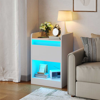 Table de Chevet avec 2 Tiroir et Bandes LED Multiprise Blanc - FR.SIKAIC