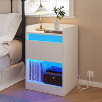Table de Chevet avec 2 Tiroir et Bandes LED Multiprise Blanc - FR.SIKAIC